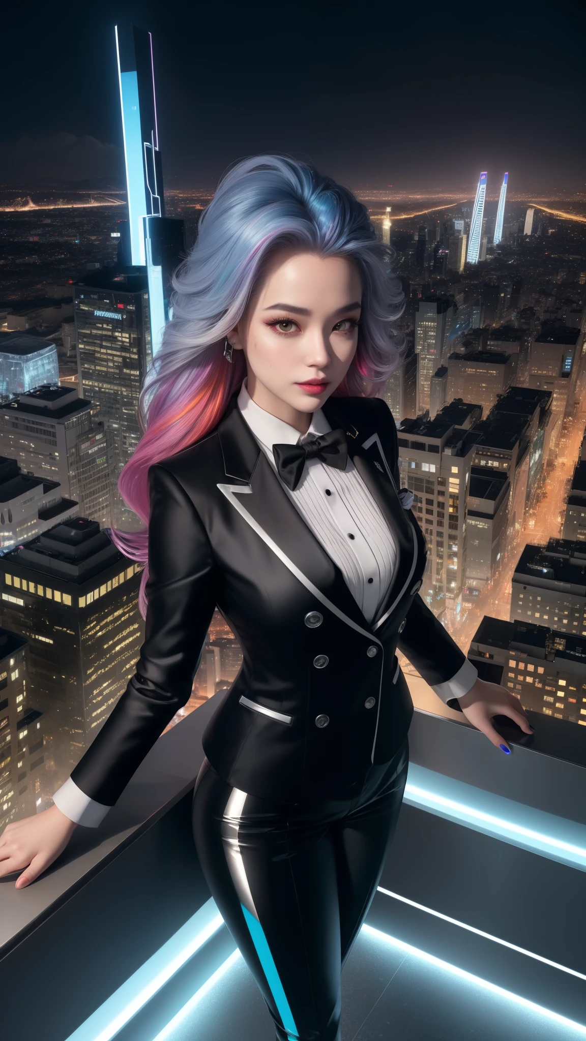 (masterpiece), high details, high quality, photorealistic, hyper-detailed, realistic skin texture, perfect face, (A beautiful mature woman in Tuxedo suit), elegant girl, cool girl, (smirk), Arrogant demeanor, (full details tuxedo suit, suit jacket, black bowtie, blazer, straight pant, double-breasted waistcoat, reflecting light, silver trim), white neon lights, silver light, glowing, plump lips, glossy lips, light makeup, hourglass body shape, narrow waist, (random hairstyles, expressive hair, shiny hair, glowing hair, multicolored hair, gradient hair, colored inner hair), (twilight sky, cyber buildings on the mountain,on the rooftop, sunset light, clouds, floating island with many cyber buildings Sci-Fi as background, high details background), fantasy art, high quality detailed art, colorful fantasy mixed with realism, cyber art style, a beautiful fantasy smart girl, charming, black and white color schemes, standing pose ,a view from above that shows city below,
