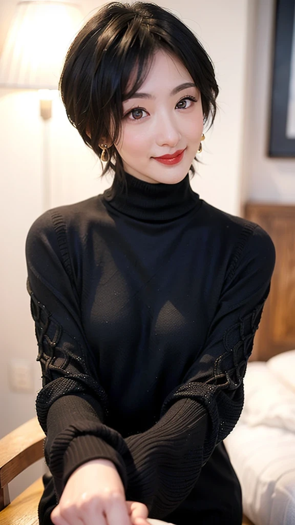 (red lips:1.4), full body, (turtleneck cable knit sweater:1.3), 1girl,solo,
(8k, RAW photo, best quality, masterpiece:1.3),(realistic, photo-realistic:1.37),realistic skin texture,(photorealistic:1.3),(hyperrealistic:1.2), (short hair:1.4) , seducting pose, (black clothes:1.8), (seducting smile:1.4), (cheek dimples:1.4), earrings, golden necklace, 