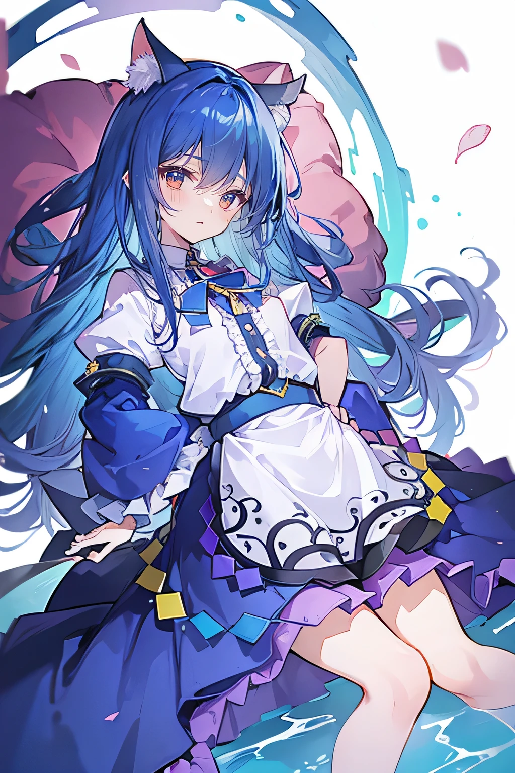 (Masterpiece), best quality, expressive eyes, perfect face, 1girl,
 Put your hands on your waist, fair, gorgeous, Japanese comics, girl, Lola, young angel, blue hair, blue hair, flowing clothes, hug the waist, hug the waist, hands on hips, hands on hips, lay down , lying on the ground, legs on the ground, flat chest, cat ears,Petals fall,dark blue eyes,