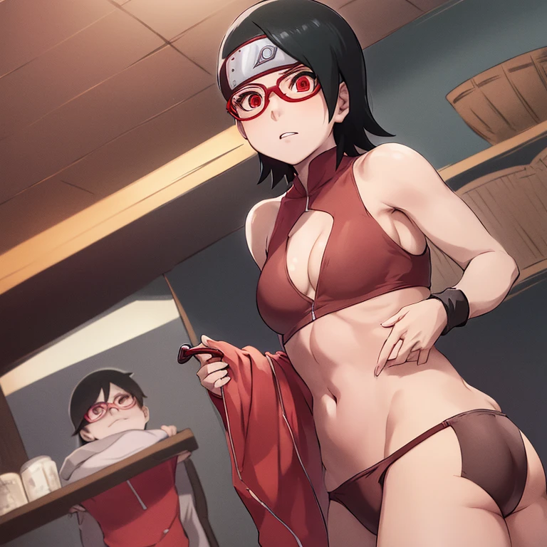 Sarada\(Boruto\), frameless glasses, red eyes, black hair, medium hair,, 1women, 1girl, soft muscle body, cleavage, Brown bikini Top,, Brown bikini Bottom, spread legs. Small breasts, beautiful round shaped Ass,, curvy waist