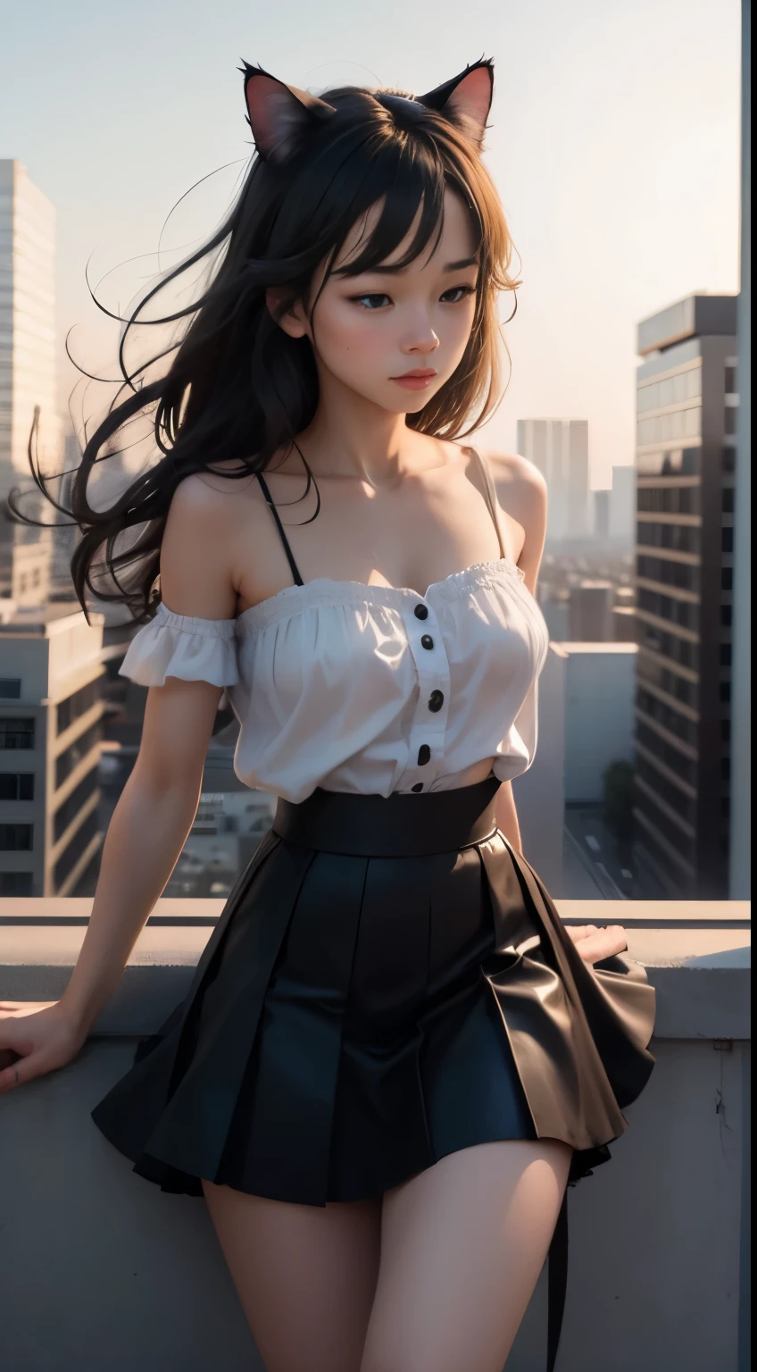 ((cats)),Outdoor on the roof,ultra high res, 1girl dance , solo, atmospheric perspective,realistic, angle of view,relaxed look,laziness,black skirt,cat on shoulder,pov ,portrait,lovely cats,girl dance with cats,Masterpiece,Best quality,8K,Realistic,1girl,Solo,dream