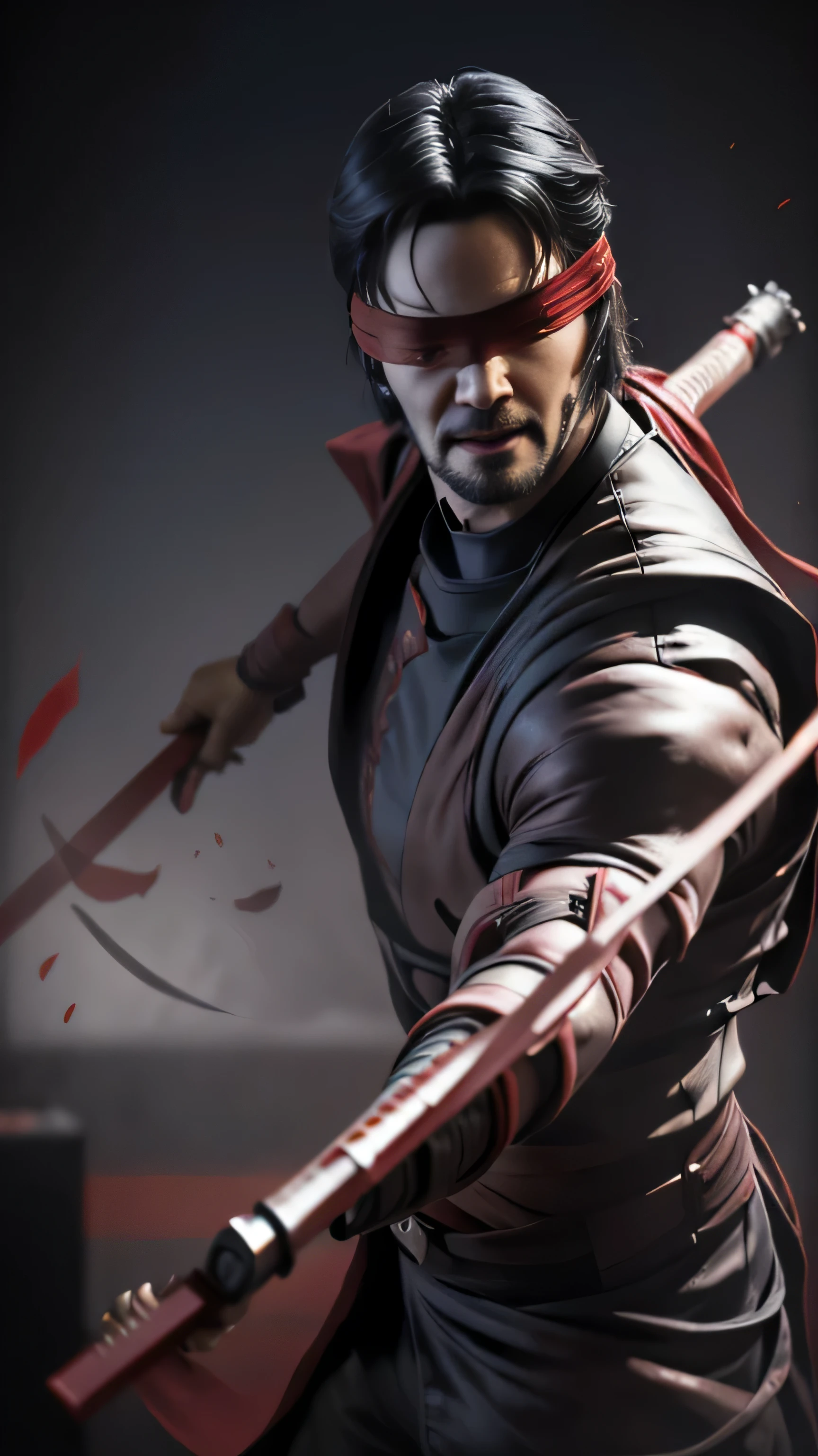 ((Keanu Reeves)) as Kenshi Takahashi from Mortal Kombat, ((red blindfold)), black ninja costume, katana, 1man, solo, full body view, intricate, high detail, sharp focus, dramatic, photorealistic painting art by greg rutkowski