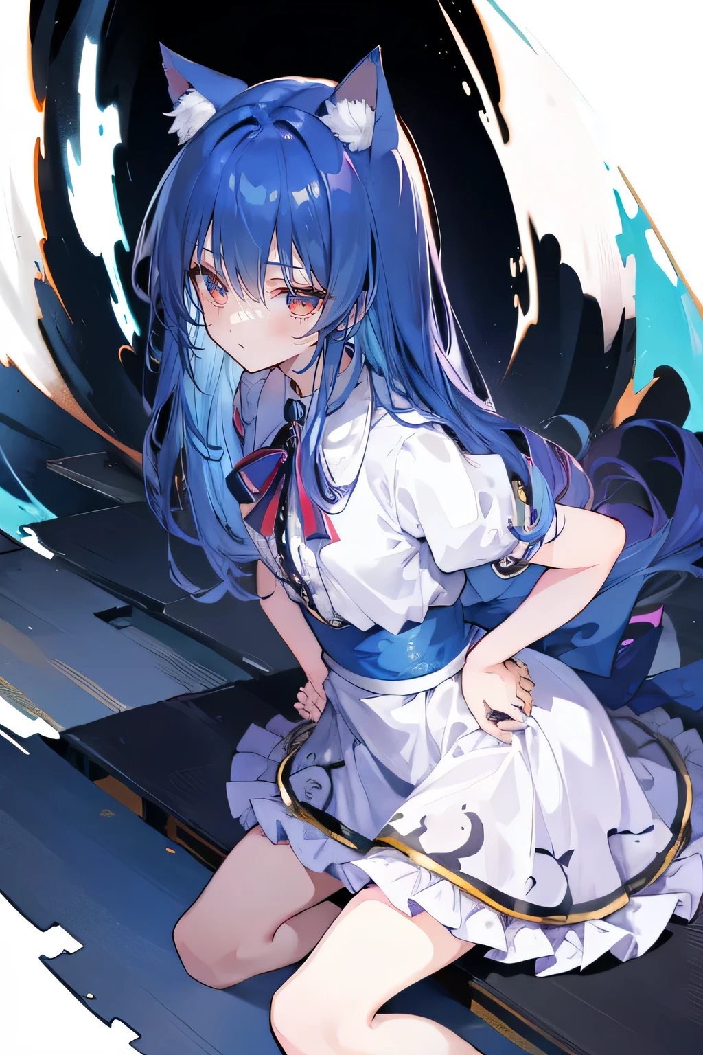 (Masterpiece), best quality, expressive eyes, perfect face, 1girl,
 Put your hands on your waist, fair, gorgeous, Japanese comics, girl, Lola, young angel, blue hair, blue hair, flowing clothes, hug the waist, hug the waist, hands on hips, hands on hips, lay down , lying on the ground, legs on the ground, flat chest, cat ears