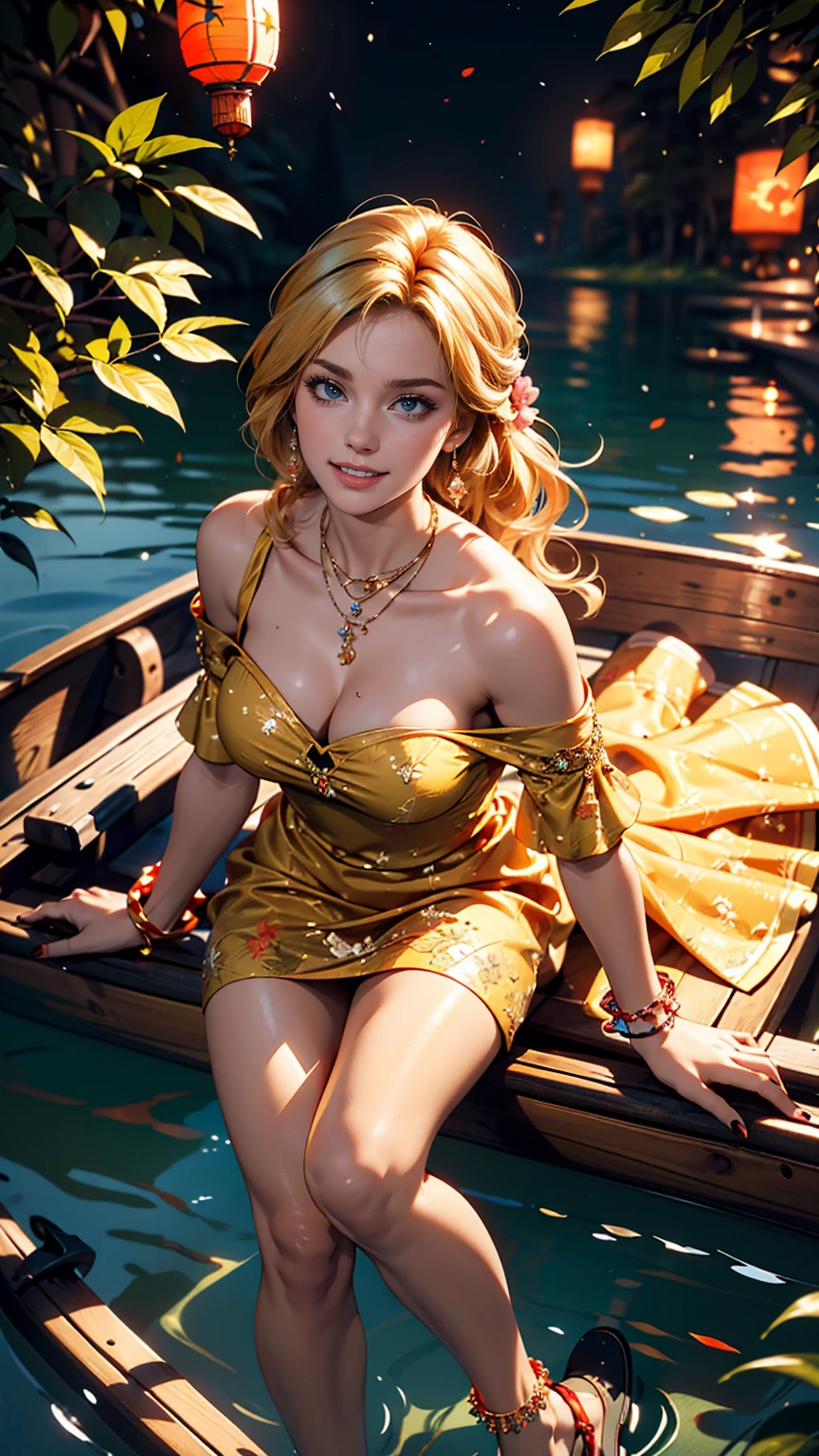 ((最high quality, 8K, masterpiece: 1.3, Ultra HD, high quality, 最high quality, High resolution, realism)) 、A 22-year-old extremely beautiful white woman、Hair color blonde、blue eyeedium Hair、Straight Hair、smile、Slender but well-proportioned body、Background blur((depth of field))、aerial perspective((atmospheric perspective))、I want my head to stay off screen、Wearing accessories on the wrist、Put an anklet on your ankle、Wearing red nail polish、I have a peticure、Disney((Disney))Tangled、Blonde long hair、Wear an off-the-shoulder dress、smile、A lake in the forest、A boat floating in the middle of a lake、Looking up at the many lanterns flying in the night sky