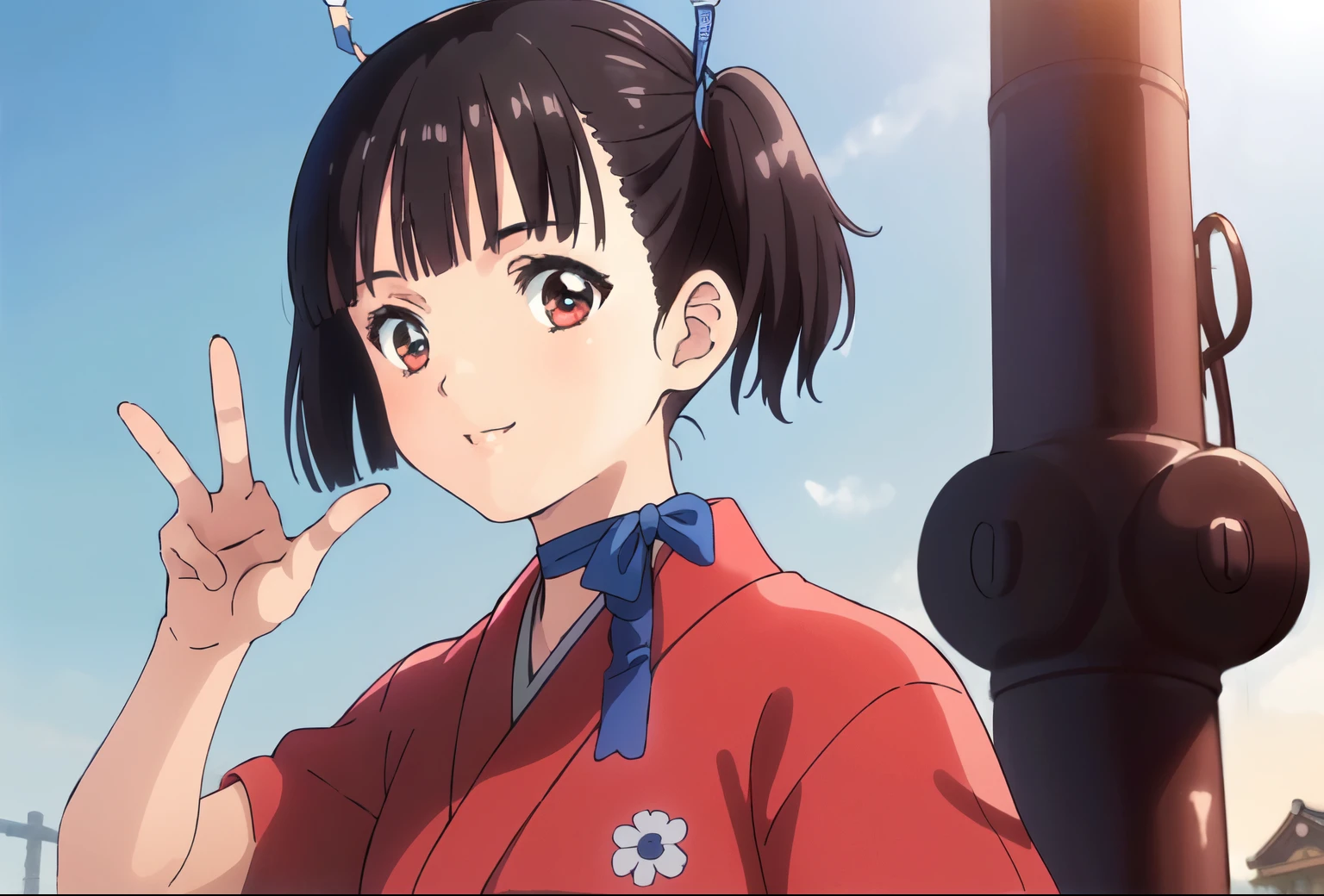 (masterpiece,highest quality,High resolution:1.3),(Front view,v sign,peace sign,Smile,whole body,Japanese Shrines,blue sky:1.2), Twin tails, ribbon, ribbon choker, choker, View your viewers, Black Hair, Red eyes,short hair, kimono, bangs, blue ribbon, Brown eyes, Portraiture, short Twin tails,Open your mouth,