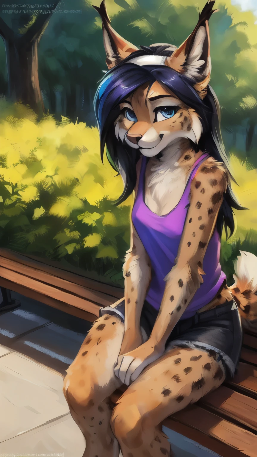 Solo, uploaded the e621, beautiful and detailed portrait of a female (((woman))) anthro lynx, kenket, Ross Tran,ruan jia, uploaded to e621, zaush, foxovh, zenematic lighting, seductive, bl, lynx, thighighs, medium breast, hips, thighs, full body, beautiful, long hair, blue hair (black highlights), young , young (18 years old), blue eyes, blue sleeveless tank top (deportive top), black denim shorts, (in middle of the park), looking at the viewer, (white headband), sport shoes, sitting on a bench