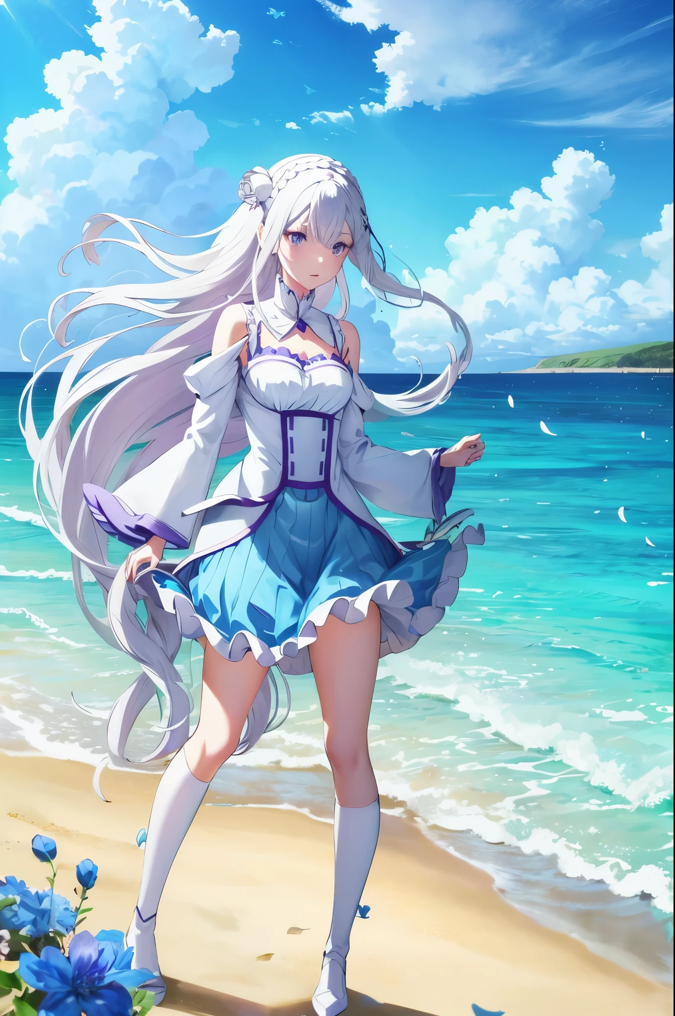 ，blue skirts，1girll，Emilia Re:zero, Emilia, crown braid, x hair ornament, flower hair ornament, white hair, long hair, medium breasts, purple eyes, long  white hair，Side Body，Stand on the edge of the beach，Glowing blue butterfly，falling flower petals，exteriors，​​clouds，Detail enhancement，best qualtiy，Perfect image quality，The wind blows the hair