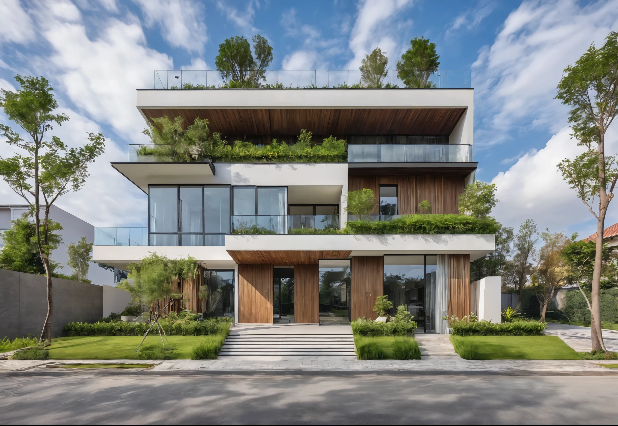 A modern villa with large glass windows, wood, grass front yard, dry landscape, trees, ornamental shrubbery, raw photo, best quality, ultra realistic