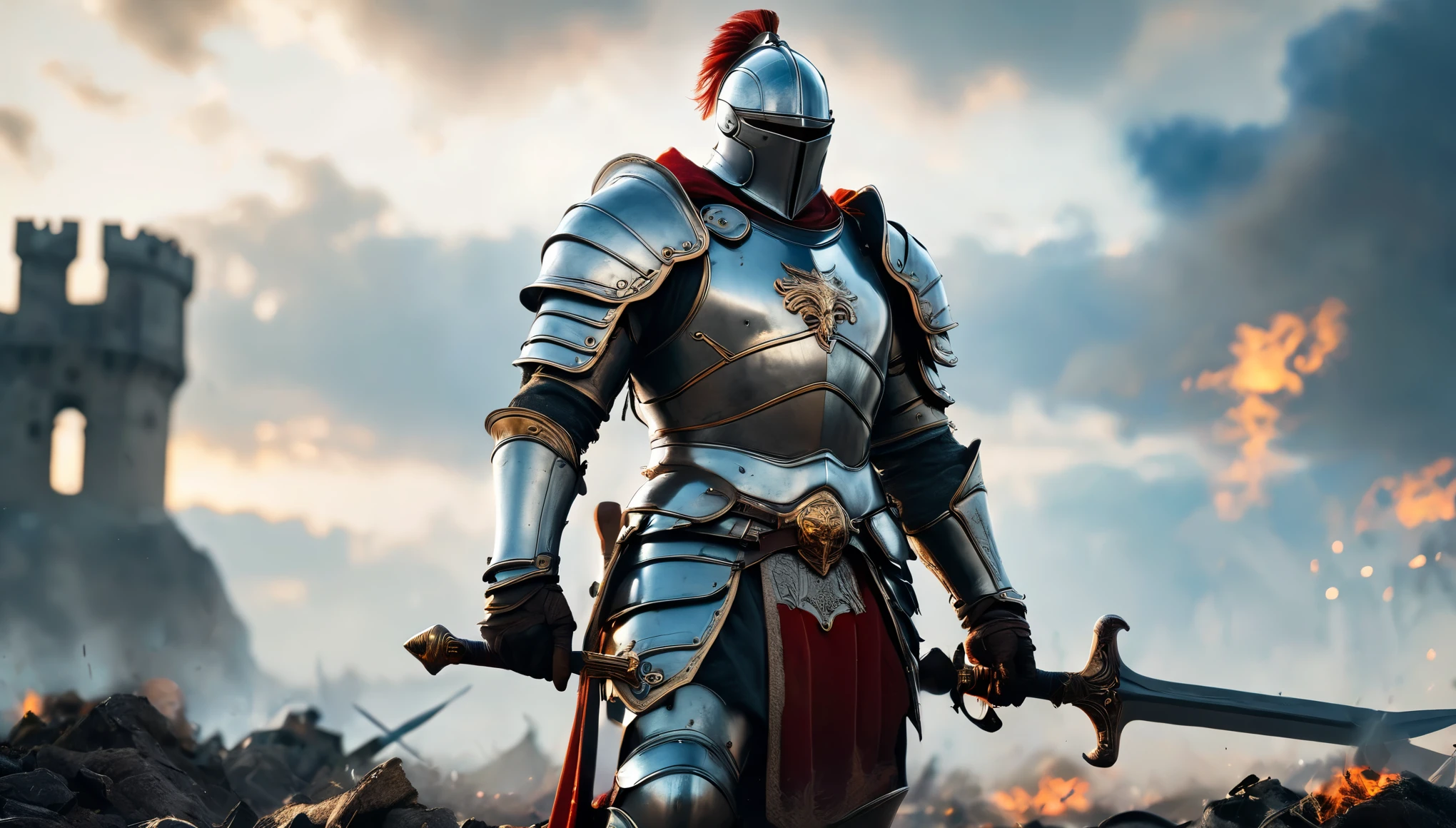 epic medieval knight warrior, standing on a battlefield