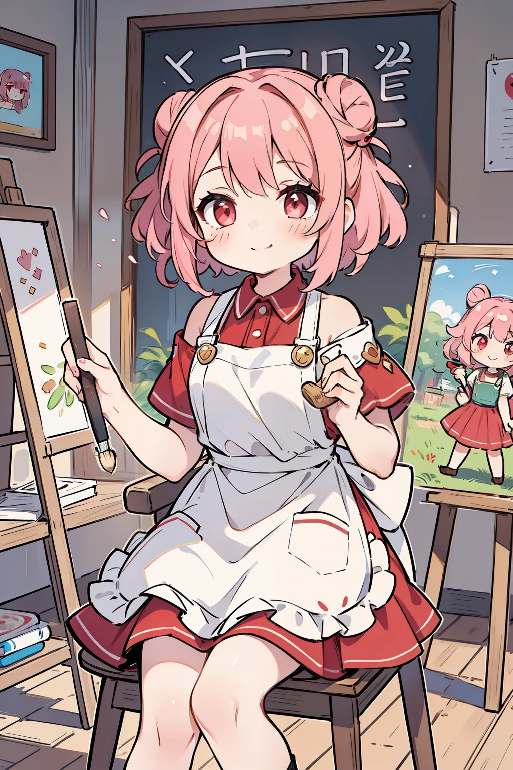 masterpiece, best quality, 1girl, short hair, shoulder-length hair, pink hair, curly hair, two buns, (red eyes), smiling, wearing an art apron, skirt, in the art room, many canvas, holding a brush, focusing on the game, sitting on the chair, with paint on one's face