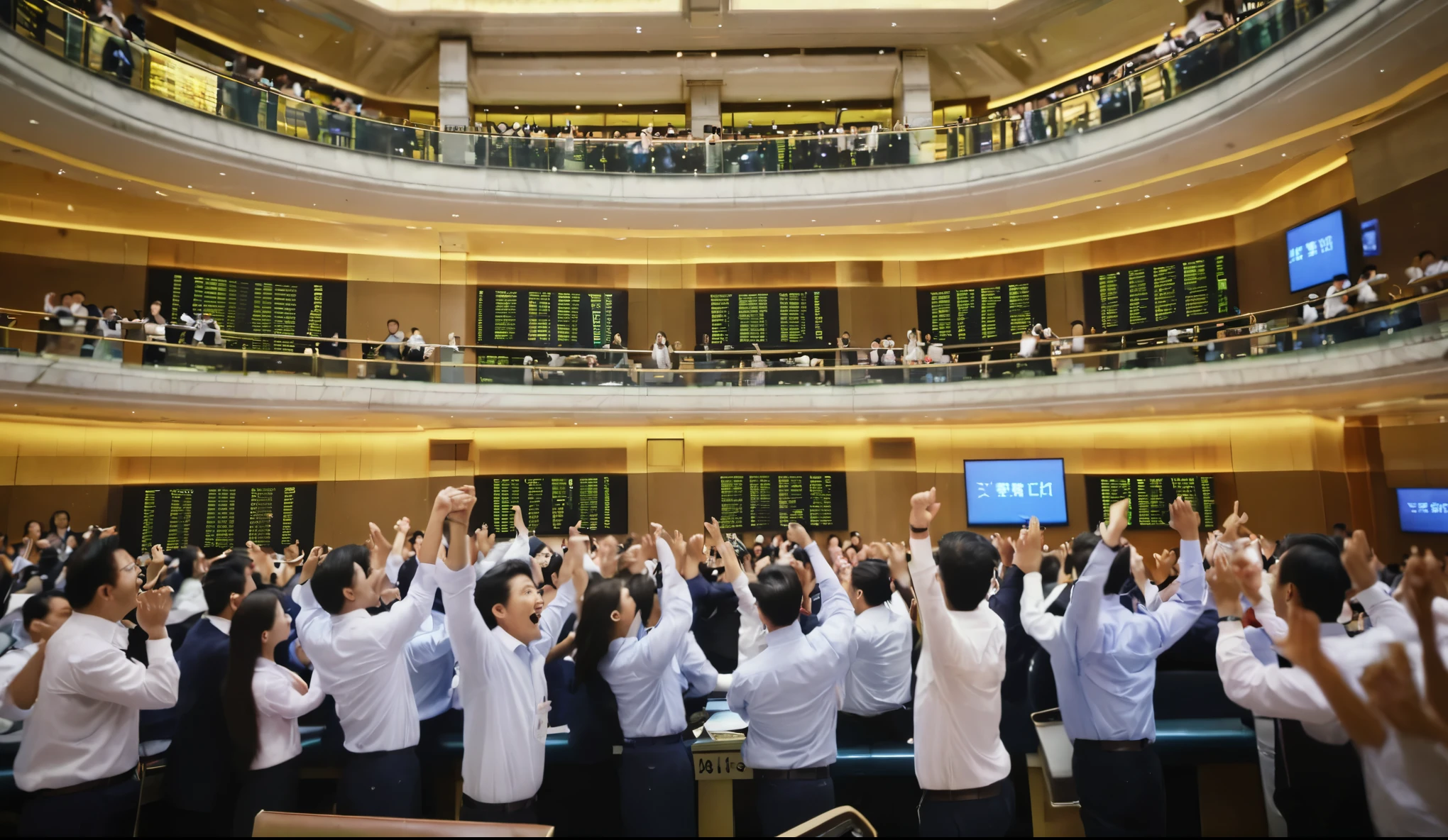 Stock exchange hall,A group of people looking at the big screen,Cheer with excitement,People cheering happily。Busy scene。high definition,Sharp focus,Rich details。