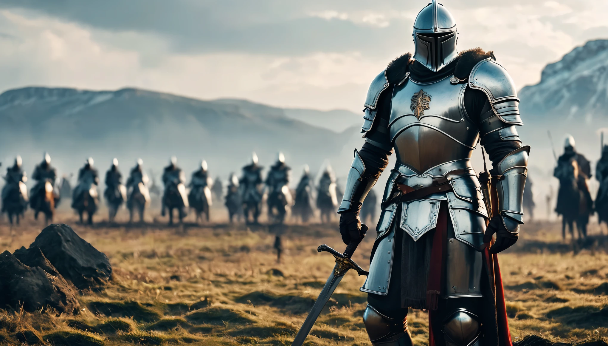 epic medieval knight warrior, standing on a battlefield 