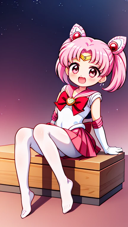 Sailor Moon，young年，Seven years old，cute，（Little Loli），Pink hair twintails，short hair，Sailor Suit，Red bow，White elbow gloves，Red Skirt，No shoes，Open your mouth，laughing out loud，Fangs，(White pantyhose),soles of feet，Soles，(young)，(little man)，sit