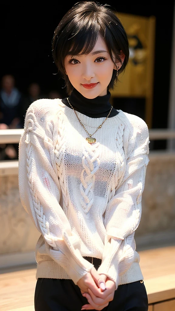 (red lips:1.4), full body, (turtleneck cable knit sweater:1.3), 1girl,solo,
(8k, RAW photo, best quality, masterpiece:1.3),(realistic, photo-realistic:1.37),realistic skin texture,(photorealistic:1.3),(hyperrealistic:1.2), (short hair:1.4) , seducting pose, (black clothes:1.8), (seducting smile:1.4), (cheek dimples:1.4), earrings, (golden necklace:1.4), 