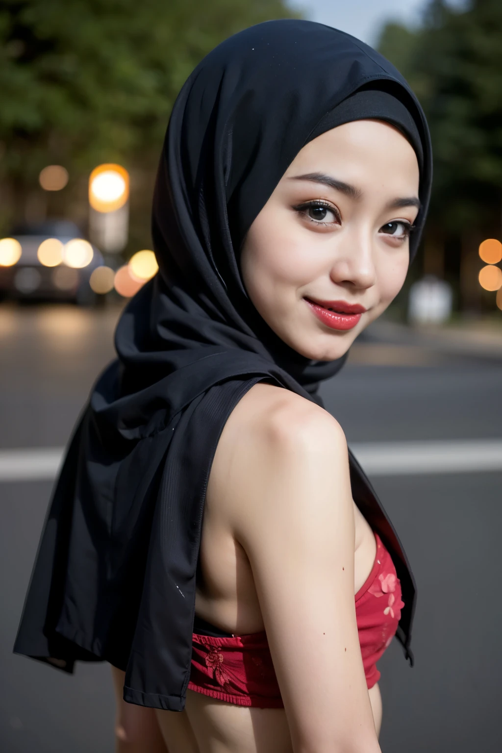 (Happy smile), (((HIJAB MALAY GIRL))), masutepiece, High quality, UHD 32K, Realistic face, Realistic skin feeling , A Japanese Lady, 8 years old, , Very cute and baby-like face, (((FLAT CHEST))), (Night time at forest), ((look In front  at the camera and SADNESS)), ((())), (((CUTE GIRL))), ((RED LIPS)), ((Floral Pattern)) little wearing strapless bra, strapless colorful bra, dark night background , black forest night, horror scary place (from behind up) seductive pose