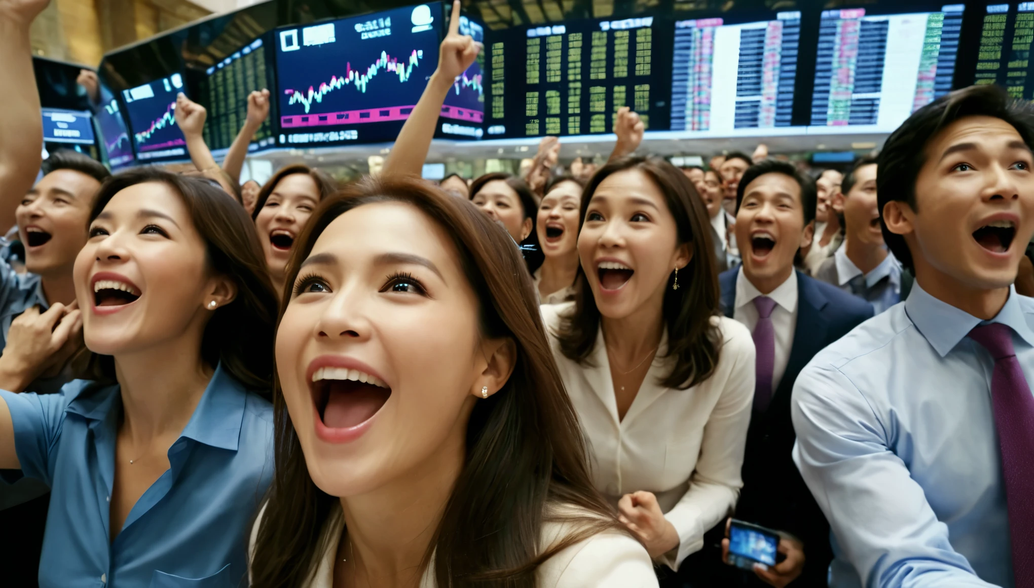 （masterpiece：1.4），Ultra Detailed，high resolution，Stock exchange hall，A group of people looking at the big screen，Cheer with excitement，People cheering happily。Delicate face，Correct facial expressions，Mid-shot，Busy scene。high definition，Sharp focus，Rich details。