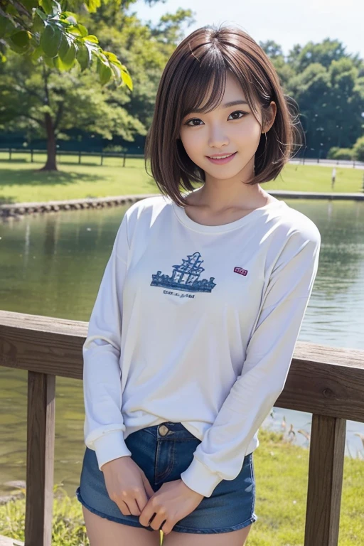 cute japanese college student、21 years old、Super detailed face、Attention to detail、double eyelid、Beautiful thin nose、Sharp focus:1.2、Beautiful woman:1.4、(Natural brown hair、Medium Bob Hair)、(Detailed facial features)、Brunette eyes、natural bangs、White skin、highest quality、masterpiece、超A high resolution、(Photorealistic:1.4)、非常に詳細でプロフェッショナルな照明のsmile、looking at the camera、Bright lighting、Professional Lighting、Smooth lighting、One person is standing、(Cute long sleeve cycling jersey), (Berry Shorts)、(Outdoor)、hot pants、smile、curly hair