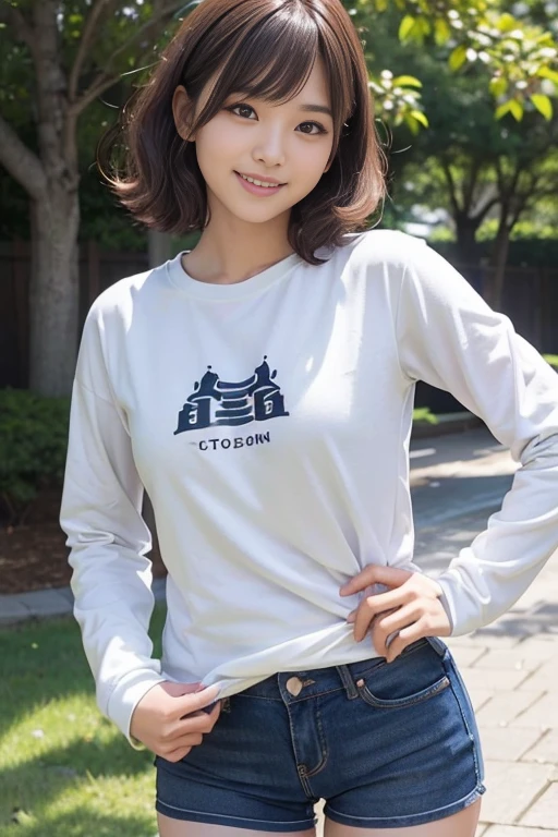 cute japanese college student、21 years old、Super detailed face、Attention to detail、double eyelid、Beautiful thin nose、Sharp focus:1.2、Beautiful woman:1.4、(Natural brown hair、Medium Bob Hair)、（Detailed facial features）、Brunette eyes、natural bangs、White skin、highest quality、masterpiece、超A high resolution、(Photorealistic:1.4)、非常に詳細でプロフェッショナルな照明のsmile、looking at the camera、Bright lighting、Professional Lighting、Smooth lighting、One person is standing、(Cute long sleeve cycling jersey), (Berry Shorts)、（Outdoor）、hot pants、smile、curly hair