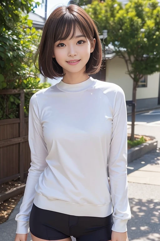 cute japanese college student、21 years old、Super detailed face、Attention to detail、double eyelid、Beautiful thin nose、Sharp focus:1.2、Beautiful woman:1.4、(Natural brown hair、Medium Bob Hair)、(Detailed facial features)、Brunette eyes、natural bangs、White skin、highest quality、masterpiece、超A high resolution、(Photorealistic:1.4)、非常に詳細でプロフェッショナルな照明のsmile、looking at the camera、Bright lighting、Professional Lighting、Smooth lighting、One person is standing、(Cute long sleeve cycling jersey), (Berry Shorts)、(Outdoor)、hot pants、smile、curly hair