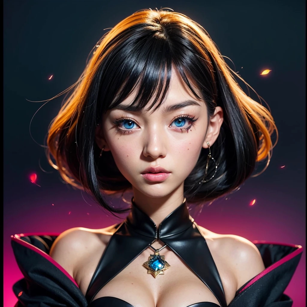 anime girl with black hair and blue eyes in a black dress, stylized anime, digital anime art, rossdraws portrait, anime styled digital art, rossdraws digital painting, rossdraws 1. 0, anime style. 8k, anime styled 3d, digital anime illustration, portrait knights of zodiac girl, stunning anime face portrait, fantasy art style