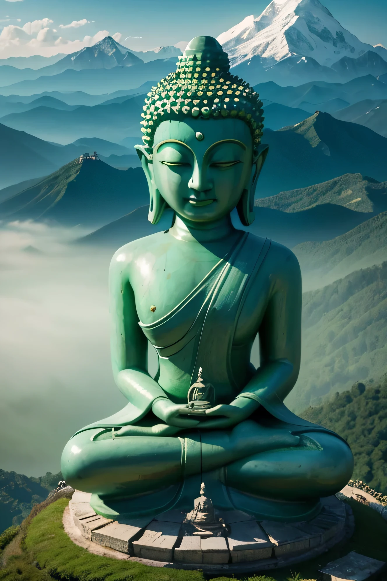 Green Buddha statue on top of the mountain，Surreal atmosphere style，video montages，Hindu art and architecture，mote-kei，Exaggerated facial features，trip，Aerial View， 8k ultra-high-definition professional landscape photography ，Hyperrealism，Artistic Beauty，Composition major
