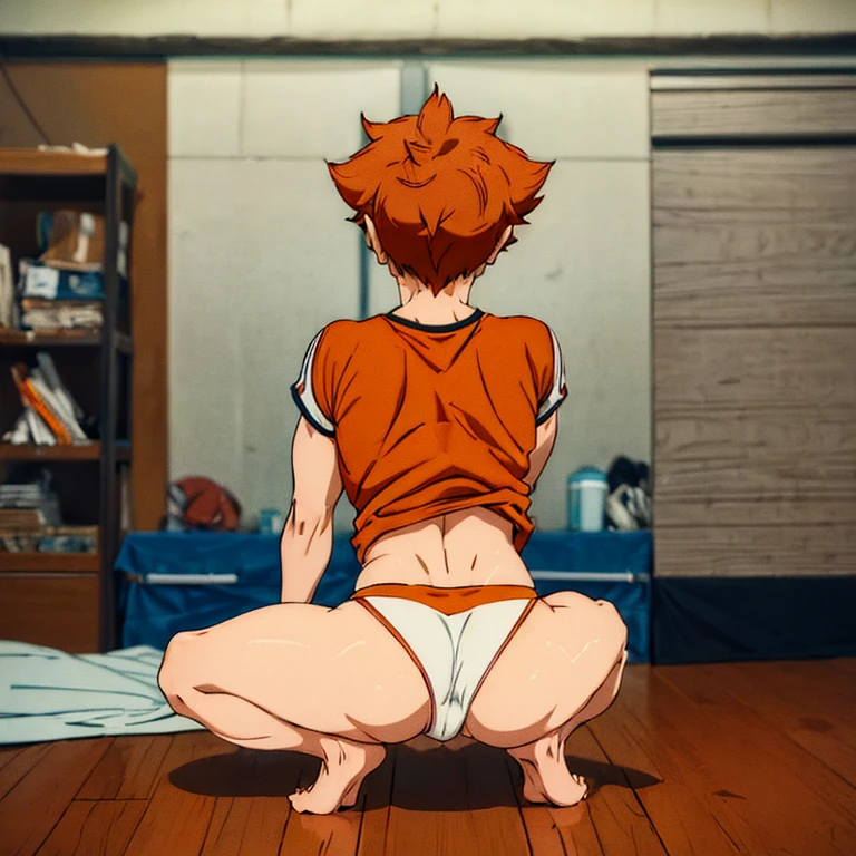 ((Masterpiece)), ((highest quality)), ((male genitals)), young male, Shouyou Hinata_Haikyuu, wearing a thong, in his bedroom, squatting, view from behind