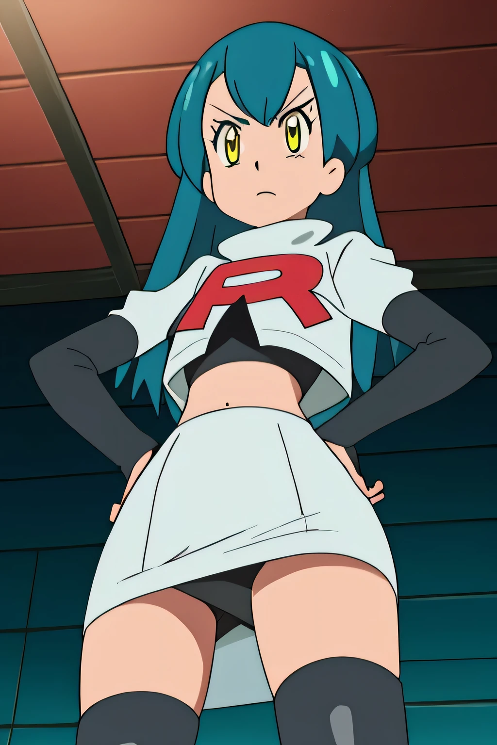 masterpiece,best quality,high res,high quality,8k, masterpiece,highres, team rocket uniform, red letter r, white skirt,white crop top,black thigh-high boots, black elbow gloves, glaring angrily, looking down at viewer, hands on hips, cowboy shot, zettai ryouiki,spread legs,from below, black panties,anime style, vivid colors, sharp focus, intense lighting,Tio Plato,yellow eyes,aqua hair,long hair