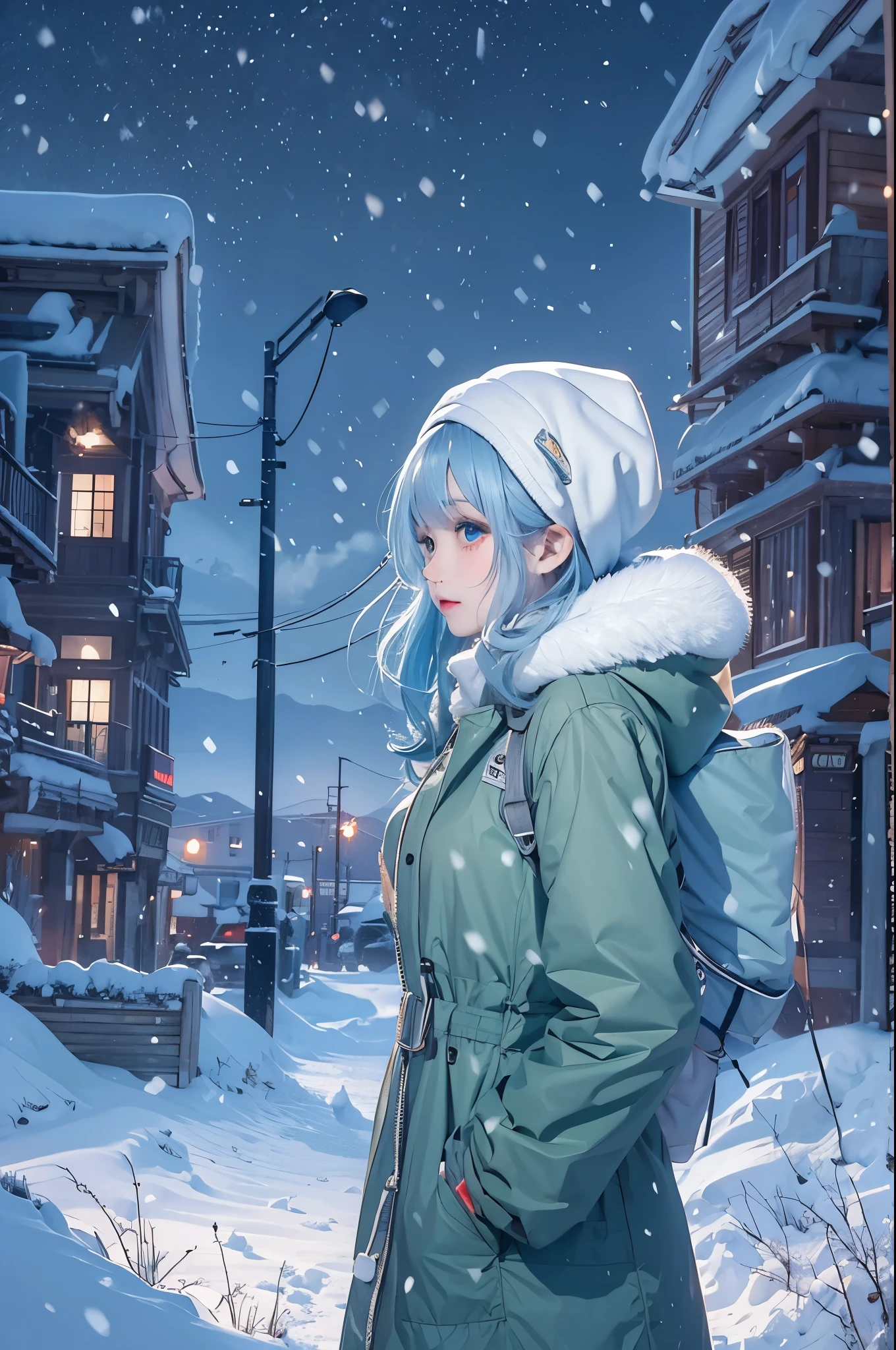 (masterpiece, best quality),
It&#39;s snowing.
Composition of a woman standing under the snowy night sky. Her face is very important.
her eyes are bright green，Hair is light blue and white, Long and fluffy.
She is wearing a down jacket and gloves.