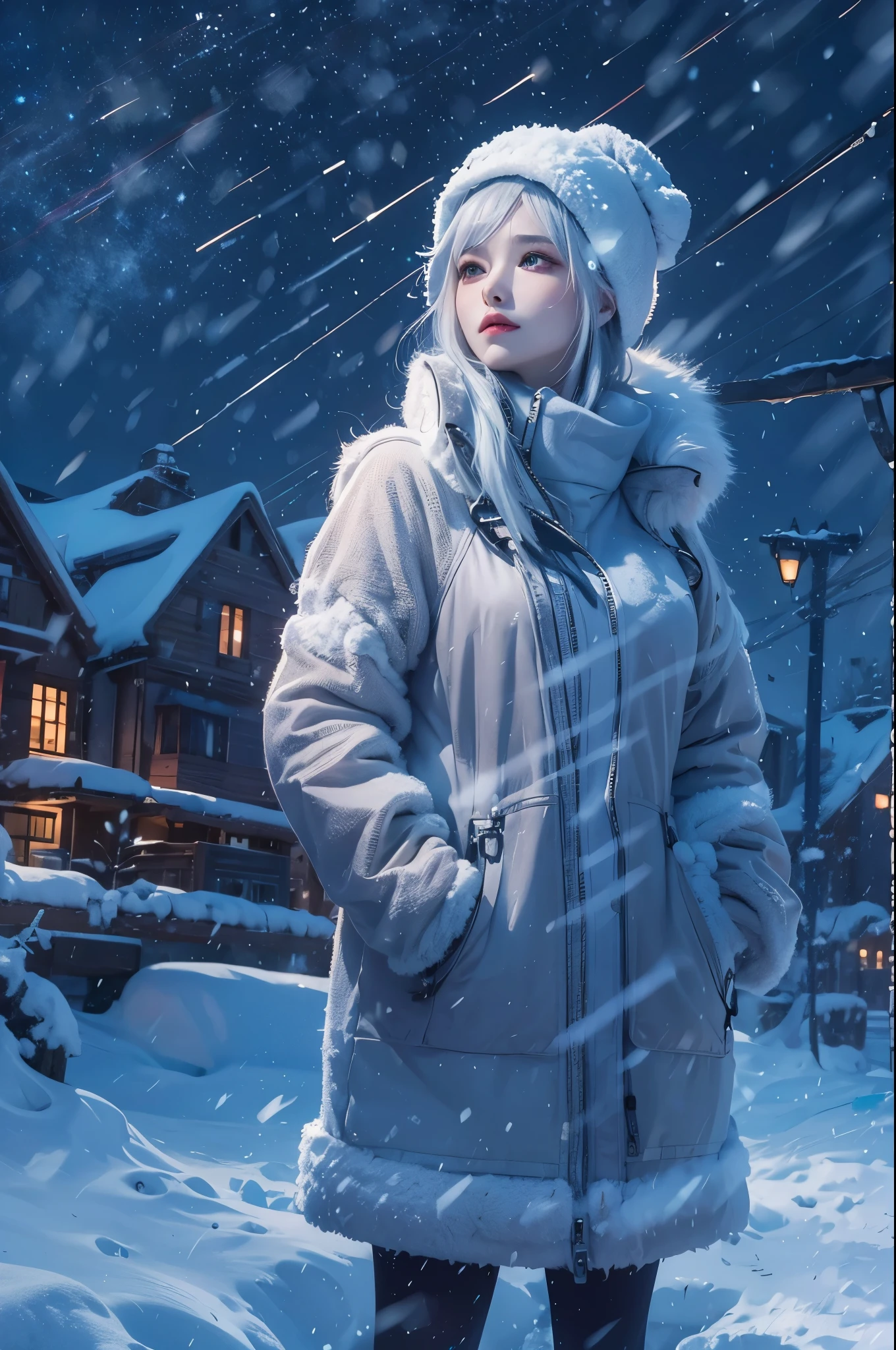 (masterpiece, best quality),
It's snowing.
Composition of a woman standing under the snowy night sky. Her face is very important.
her eyes are bright green,Hair is light blue and white, Long and fluffy.
She is wearing a down jacket and gloves.