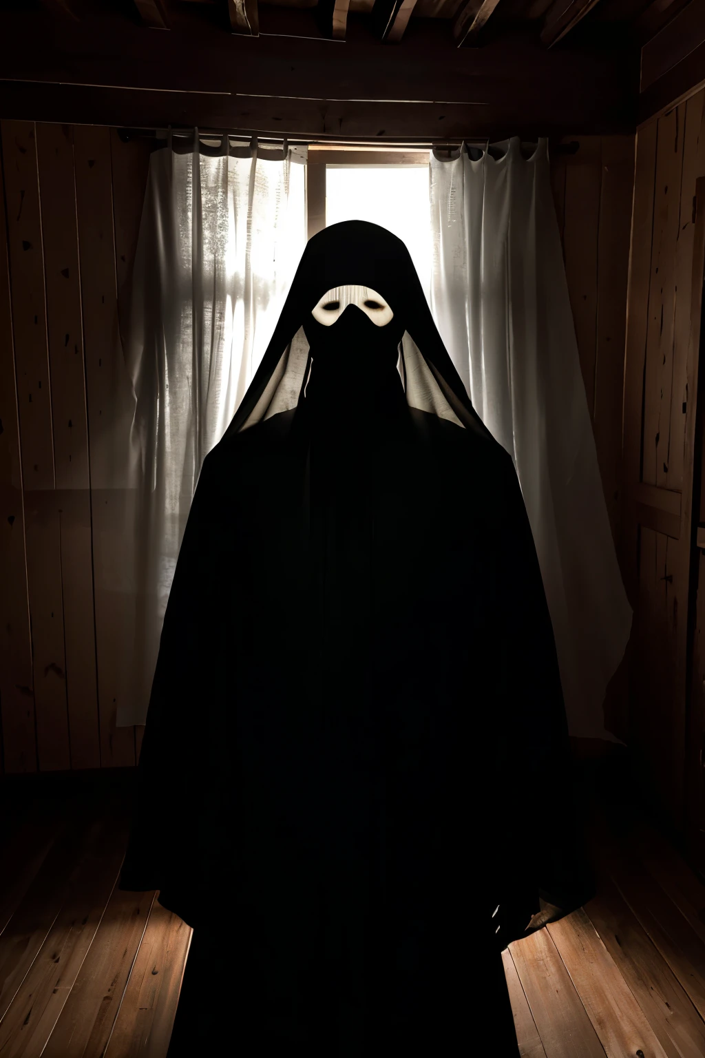 A black ghost with a tattered sheet floats ominously in a wooden house, assustador (scary in Portuguese), its spectral eyes glowing intensely in the dimly lit room. The sheet waves softly around its form as a chilling breeze flows through the old wooden walls. The ghost's features are highly detailed, including its defined jawline, sharp nose, and sunken eyes. The sheet drapes loosely over its figure, just barely concealing its ethereal form. The room is shrouded in a pale, eerie glow, casting long, haunting shadows across the dusty wooden floor. The ghost hovers above an old rocking chair, its eyes fixed on an unseen