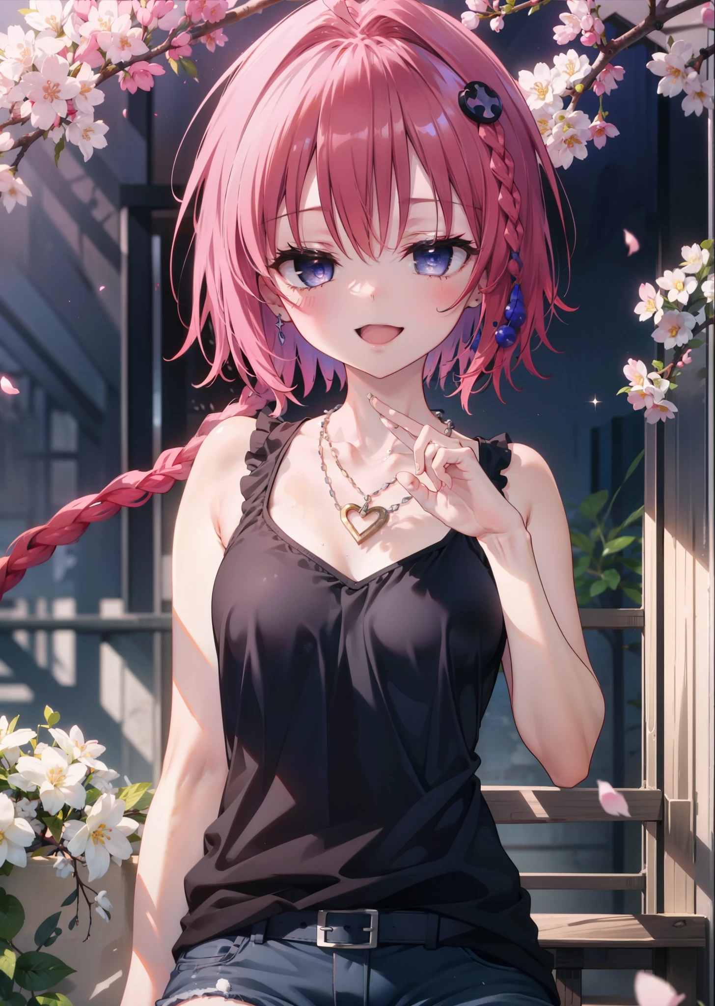 (masterpiece, highest quality:1.2),shape,8k,hd,kurosaki mea,Cowboy Shot,So that the whole body goes into the illustration,1 girl,happy smile, smile, Open your mouth,red hair long hair,Long braids all over the body,Upper Body,(Portraiture:1.2),hair ornaments,smile,Purple eyes,Medium chest,Black sleeveless dress,Bare arms,,Star-shaped necklace,Short denim pants,White pantyhose,short boots,garden,Cherry blossoms are blooming,Cherry blossoms are scattered,Cherry blossom tree-lined path,Clear skies,Daytime, (Cowboy Shot:1. 5),(masterpiece:1.2), highest quality, High resolution, unity 8k wallpaper, (shape:0.8), (Beautiful and detailed:1.6), Highly detailed face, Perfect lighting, Highly detailed CG, (Perfect hands, Perfect ???????),