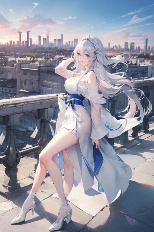 official art, masterpiece, Sharp focus, (Beautiful, gorgeous and cute Korean woman:1.3), (beautiful and cute korean:1.3), Korean beauty, Exquisite and beautiful hair、Eyes and face, Practical, Ultra Detailed, beautiful girl, Blue sky, Glowing white particles, (Side Light:1.2), Sunlight, Baiyun, Detailed cloud, slim, Very cute big  and big butt, Smile with teeth bared, ((Smile with your eyes, Open your eyes)), landscape, Long and straight hair, sexy facial expression, architecture, (city View:1.7), Dynamic Hair, very Long and straight hair, Delicate platinum silver hair, Green eyes, Pink skirt, White socks, Pale skin, Hair accessories, epic landscape,White high heels，Nice butt，Beautiful buttocks