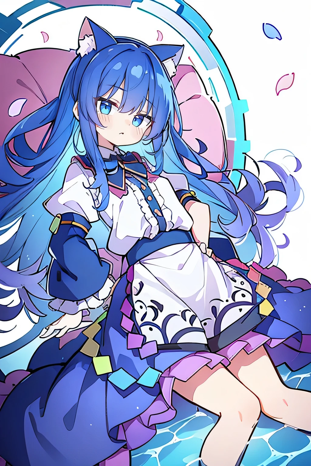 (Masterpiece), best quality, expressive eyes, perfect face, 1girl,
 Put your hands on your waist, fair, gorgeous, Japanese comics, girl, Lola, young angel, blue hair, blue hair, flowing clothes, hug the waist, hug the waist, hands on hips, hands on hips, lay down , lying on the ground, legs on the ground, flat chest, cat ears,Petals fall,dark blue eyes,