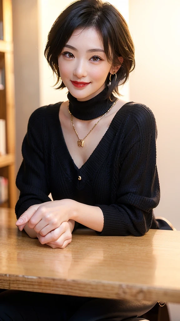 (red lips:1.4), full body, (turtleneck cable-knit:1.3), 1girl,solo,
(8k, RAW photo, best quality, masterpiece:1.3),(realistic, photo-realistic:1.37),realistic skin texture,(photorealistic:1.3),(hyperrealistic:1.2), (short hair:1.4) , seducting pose, (black clothes:1.8), (seducting smile:1.4), (cheek dimples:1.4), earrings, (golden necklace:1.4),