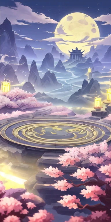 landscape、moon、architecture、night、东亚architecture、Sky、unmanned、Night Sky、Trees、Star(Sky)、Cherry blossoms、outdoor、Full Moon、Mountain、