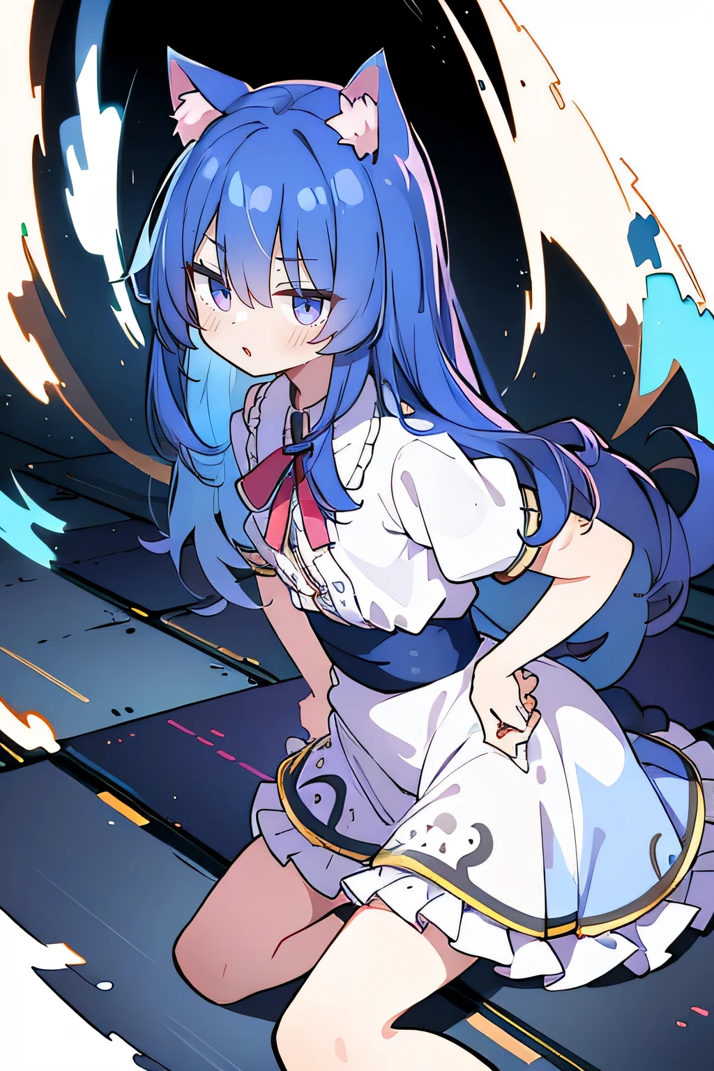 (Masterpiece), best quality, expressive eyes, perfect face, 1girl,
Put your hands on your waist, fair, gorgeous, Japanese comics, girl, Lola, young angel, blue hair, blue hair, flowing clothes, hug the waist, hug the waist, hands on hips, hands on hips, lay down , lying on the ground, legs on the ground, flat chest, cat ears