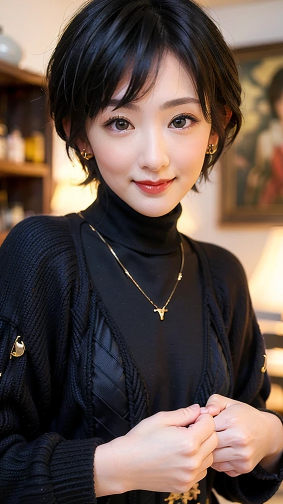 (red lips:1.4), full body, (turtleneck cable-knit:1.3), 1girl,solo,
(8k, RAW photo, best quality, masterpiece:1.3),(realistic, photo-realistic:1.37),realistic skin texture,(photorealistic:1.3),(hyperrealistic:1.2), (short hair:1.4) , seducting pose, (black clothes:1.8), (seducting smile:1.4), (cheek dimples:1.4), earrings, (golden necklace:1.4),