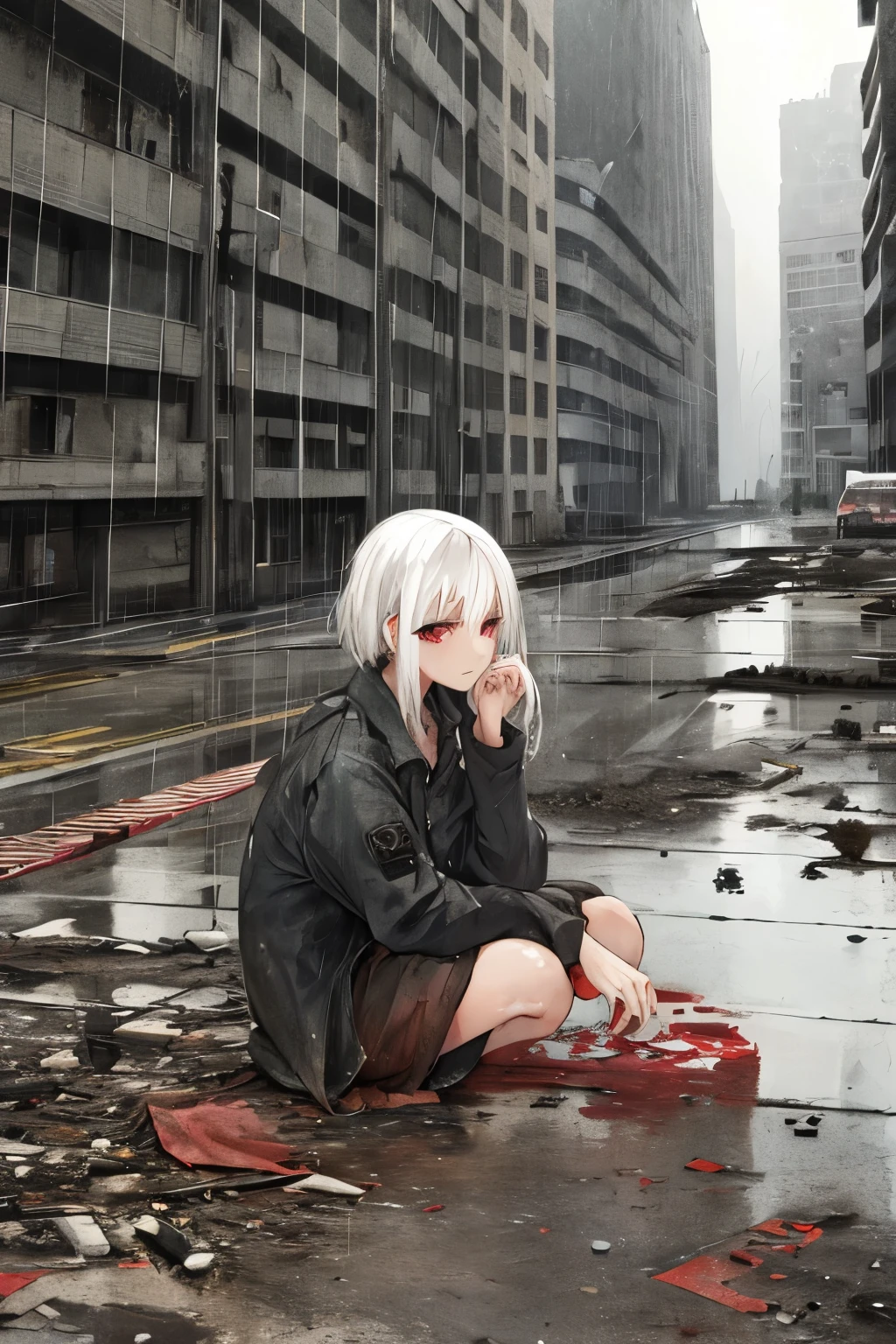 ((high quality)), (abandon building background), raining, girl, short, long white hair, dirty clothing, neutral face, red eyes, dead stare, sitting on the ground, fetal position, huge fire in the distance,  smoke, wide shot