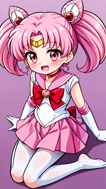 Sailor Moon,young年,Seven years old,cute,(Little Loli),Pink hair twintails,short hair,Sailor Suit,Red bow,White elbow gloves,Red Skirt,No shoes,Open your mouth,laughing out loud,Fangs,(White pantyhose),soles of feet,Soles,(young),(little man),sit