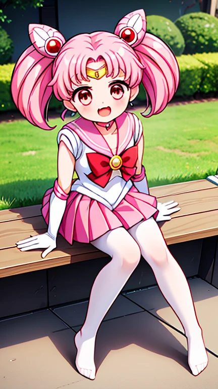 Sailor Moon，young年，Seven years old，cute，（Little ****），Pink hair twintails，short hair，Sailor Suit，Red bow，White elbow gloves，Red Skirt，No shoes，Open your mouth，laughing out loud，Fangs，(White pantyhose),soles of feet，Soles，(young)，(little man)，sit