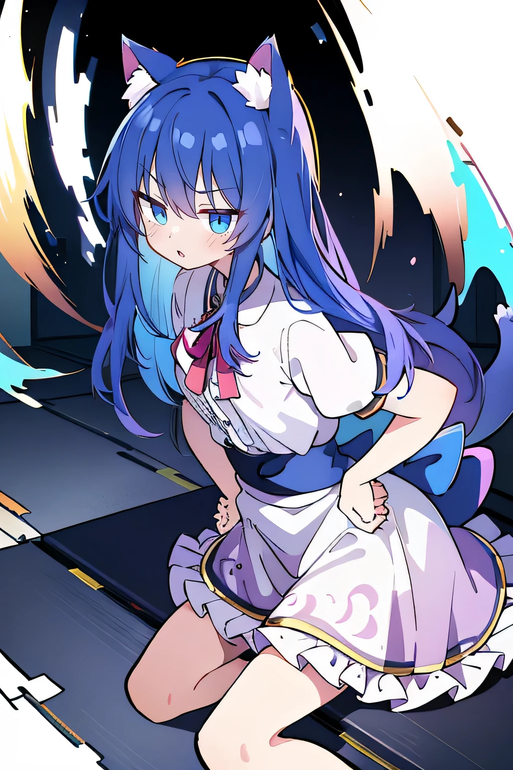 (Masterpiece), best quality, expressive eyes, perfect face, 1girl,
Put your hands on your waist, fair, gorgeous, Japanese comics, girl, Lola, young angel, blue hair, blue hair, flowing clothes, hug the waist, hug the waist, hands on hips, hands on hips, lay down , lying on the ground, legs on the ground, flat chest, cat ears