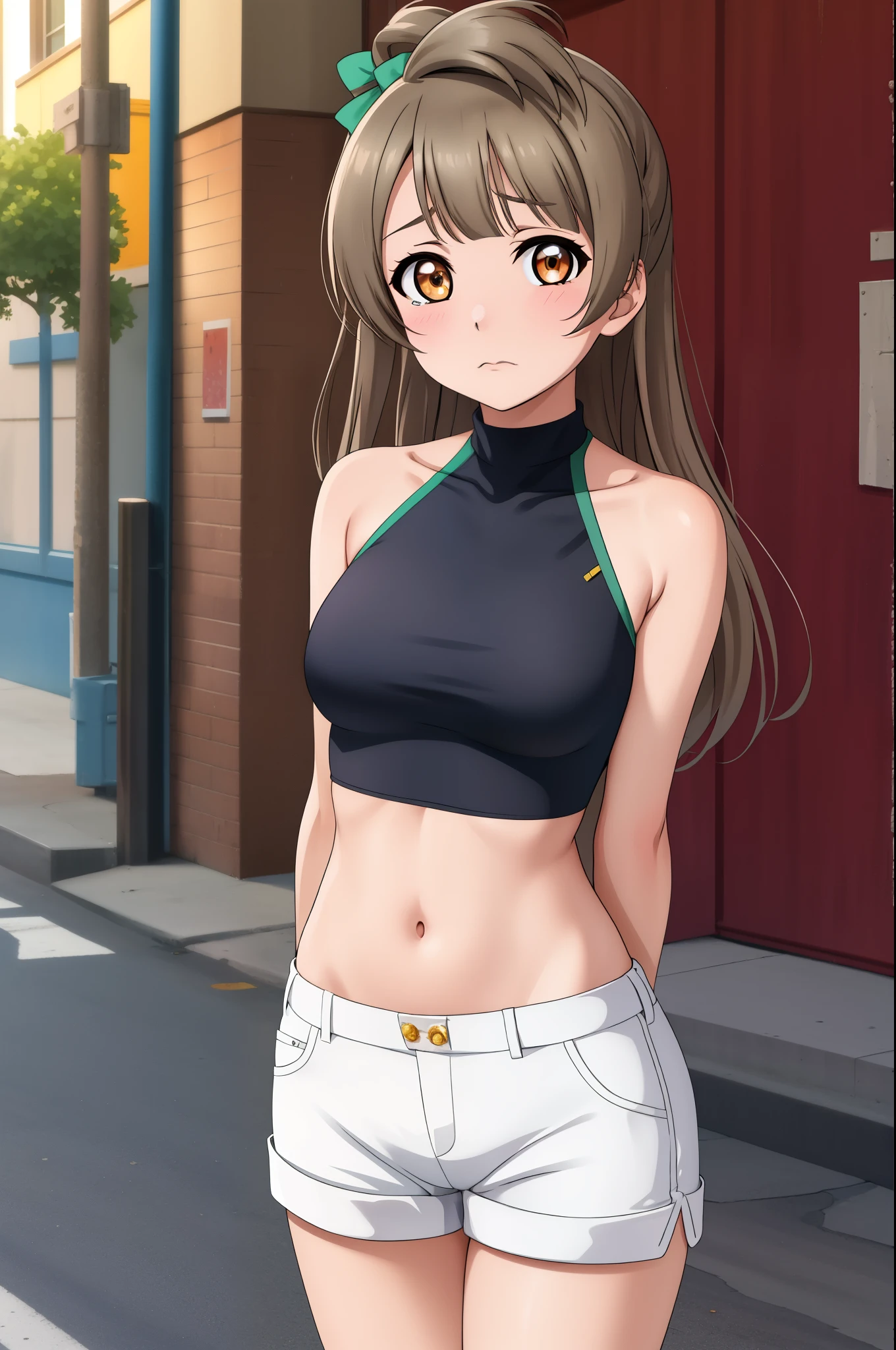 Masterpiece,solo focus, looking at viewer, before crying,minami kotori, cowboy shot,white shorts, crop top, halter neck, arms behind back,in street, thighs 