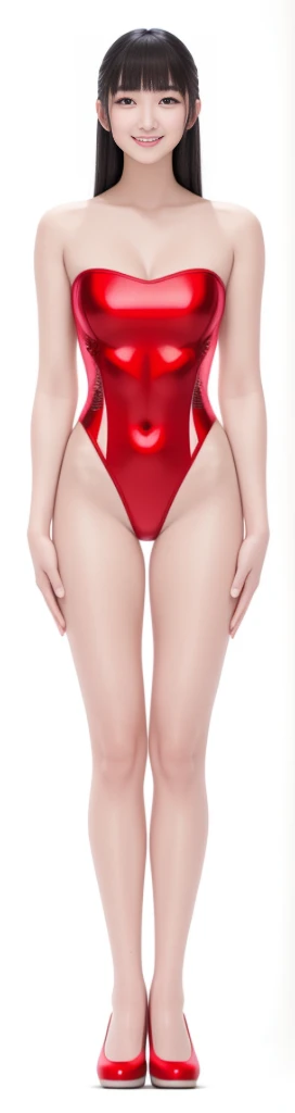 On a white background,A tall and beautiful Chinese girl,with fair skin,Toothy smile,A big smile,When you laugh, Your eyes are crescent-shaped,blunt bangs, long straight hair,Wear a one-piece swimsuit and pumps,Swimsuits are decorated with joyful patterns, Stand up straight,Stand upright,hands on sides,Symmetrical distribution,Ray tracing,All shaded areas,No windows, Soft lighting, Warm light, flood light, no lights on the top, Studio light, 1.4x Realistic Ultra HD