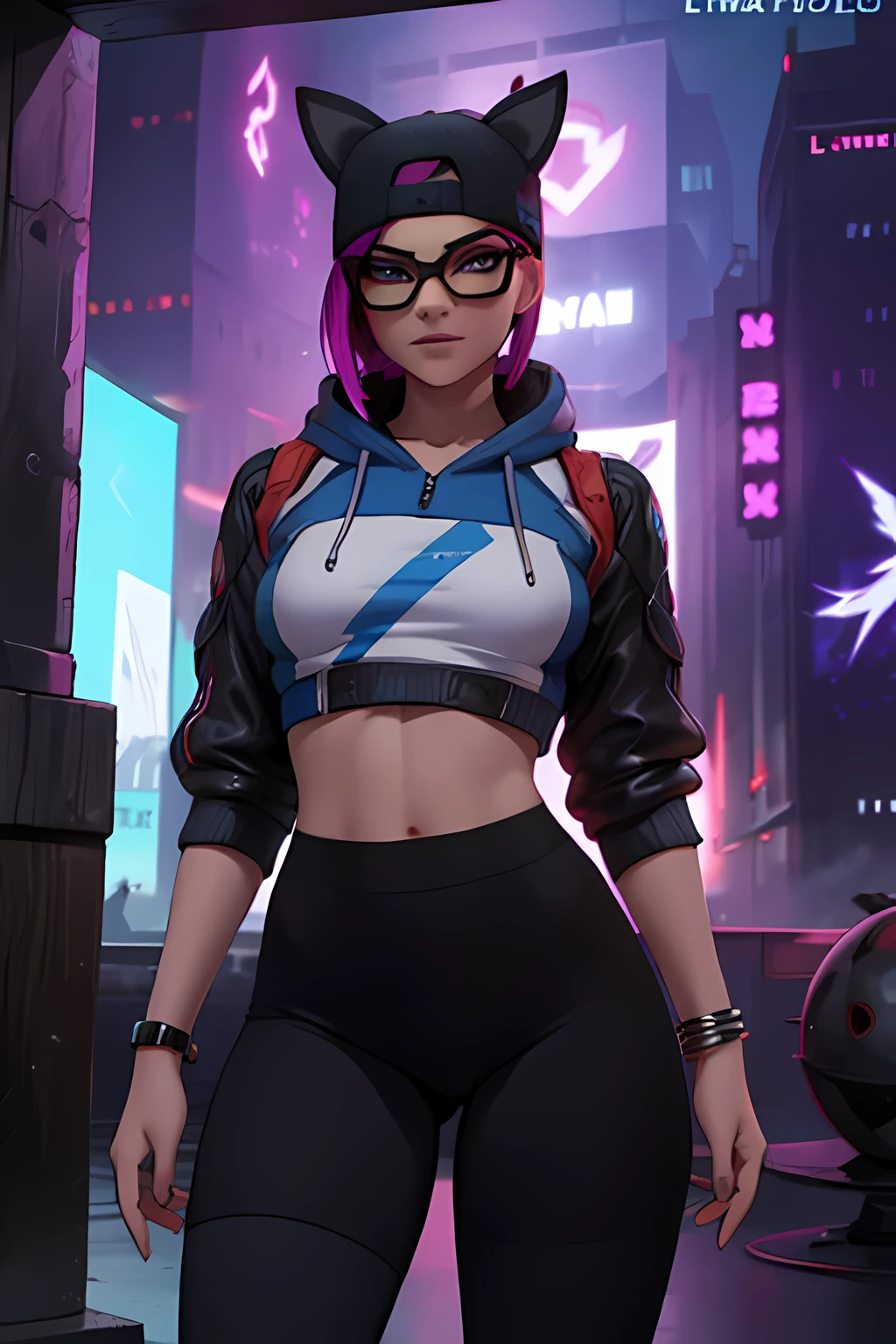 lynx Cyberpunk, Noche, pulsera de picos,gorro de invierno , shorts con Azul leggins Negroqueta azul oscuro ,Extremadamente detallado, rostro detallado, gafas ,hermoso rostro, ojos finos, mirando al espectador, pose femenino.