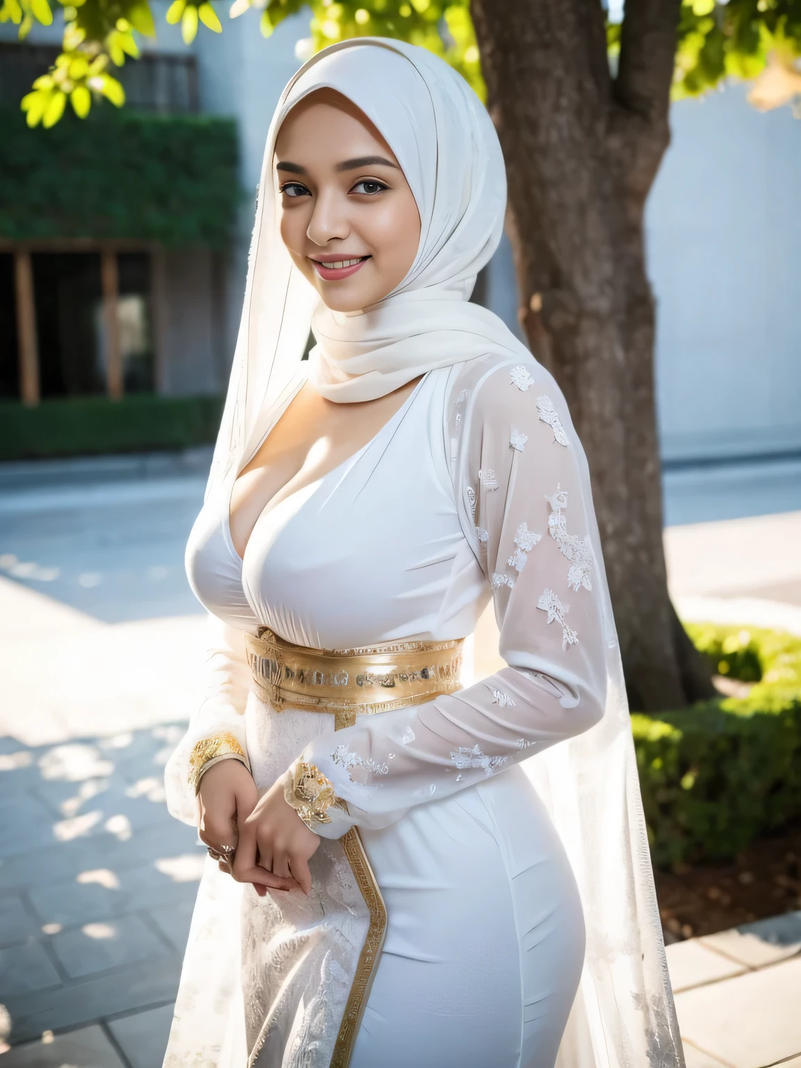 Beautiful, cute , 16 Years Padukone, (wearing hijab), full hijab, sexy long sleeves kebaya dress, slightly Chubby , White Skin, Smiling, porn studio Background, day light,mid shot, full body, Perfect Potrait, Bokeh Effect, Look at Viewer, big breast, ((adorable:1.2)), ((masterpiece:1.1)), ((bokeh:1.2)), buttocks,(naughty seductive poses)