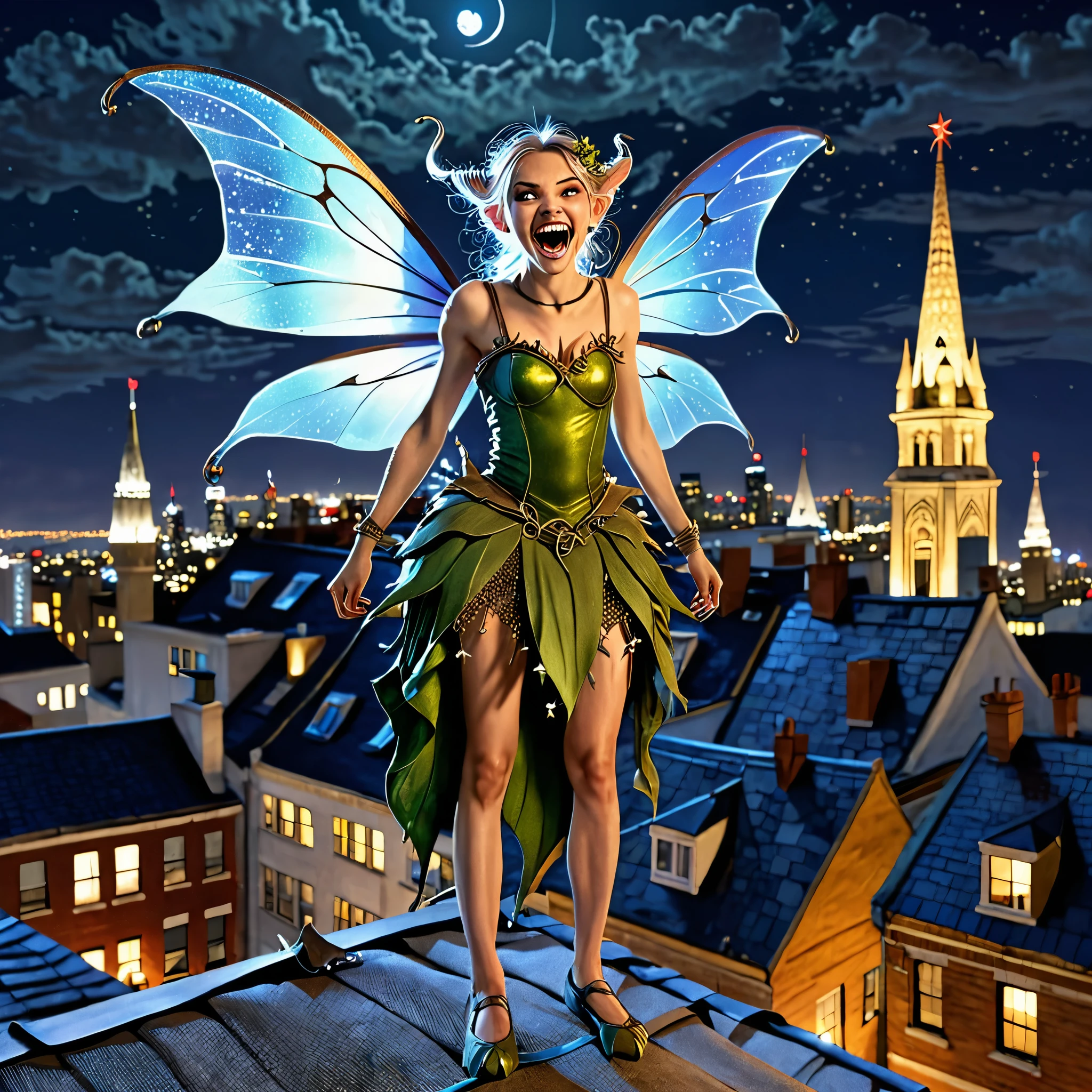 A crazy looking fairy stands triumphantly on a rooftop, a sack of teeth dangles off her belt, city at night