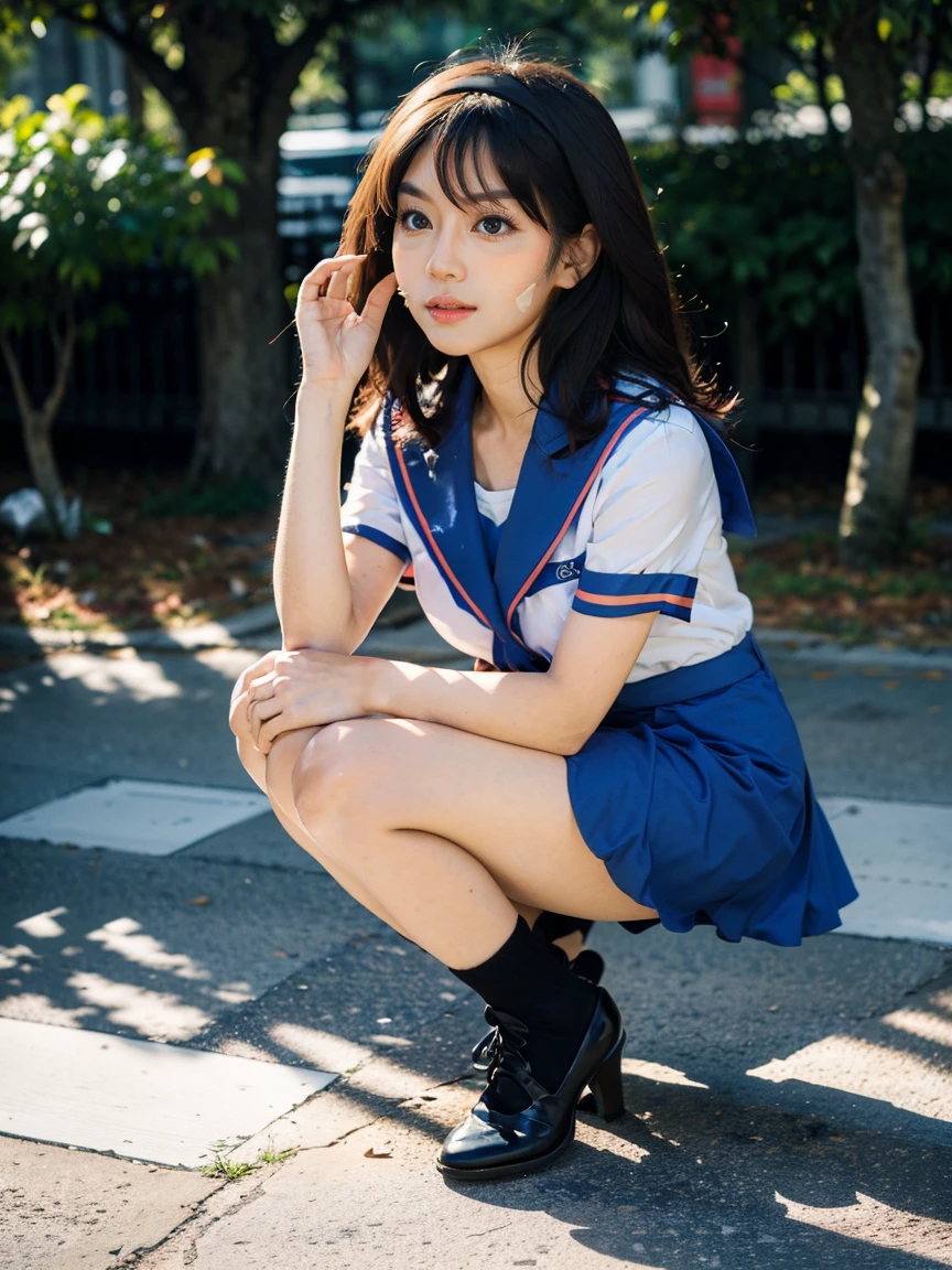 (1 lady), (Best quality at best:1.4), (ultra - detailed), (extremely detailed CG unified 16k), A Beautiful Woman with Perfect Figure: 1.4, Sharp Focus: 1.2, very detailed, High-definition RAW color photo, professional photoshooting, amazing face and eyes, cosmetics, (amazingly beautiful girl), ((suzumiya haruhi)), ((kita high sch0ol uniform, blue sailor collar, blue skirt, armband, hairband, medium hair, ribbon, socks)), standing posture, (look from down), realistic cinematic face, head to feet long wide zoomed out view, full body long view, photorealistic, ((realistic natural caramel brown hair style, brown eyes)), gorgeous, extremely beautiful face, perfect model beauty, pout mouth, Highly Detailed Face and Skin Texture, Detailed Eyes, Double Eyelids, Medium Breasts, joy expression, joyful face, cleavages, western, (masterpiece), best quality, high resolution, extremely detailed, depth of field, cinematic lighting, amazing legs, high heels, clear and well-cared skin, (background: nature, tree, park)