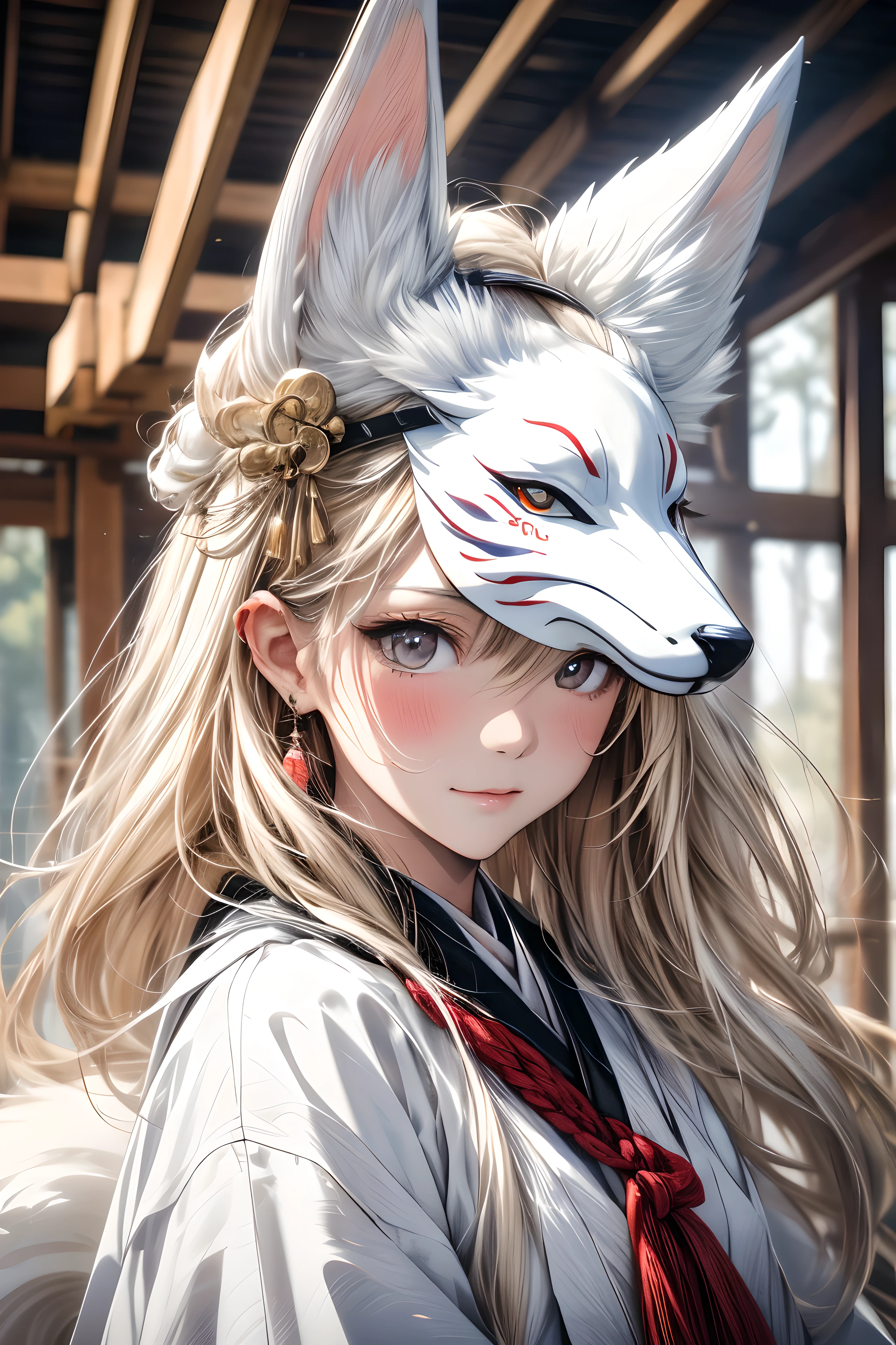 (masterpiece), (best quality portrait), (white kitsune mask over eye),