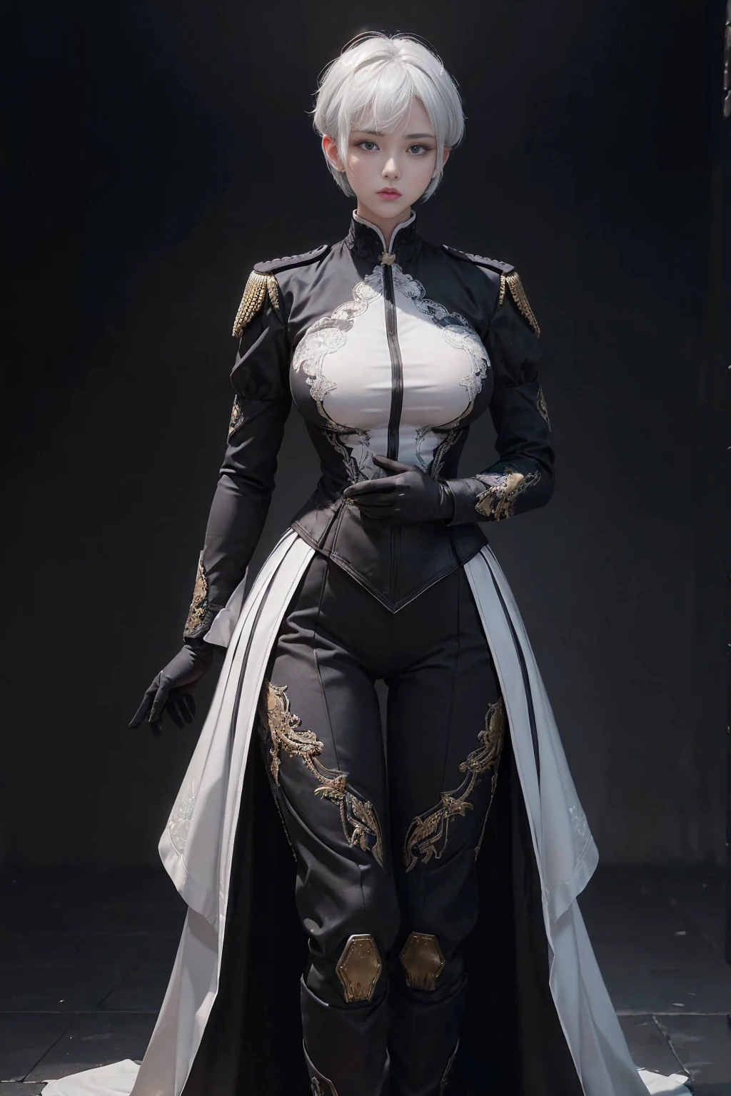 ((1 Full body (from top to bottom), single woman)) ,(Shooting from front and middle), looking at the camera, centered image, tmasterpiece,A high resolution, Absolutely beautiful, facing to the camera, Tall body, (big breast : 1.4), white short hair with updo, (full coverage black lace uniform, Ornately uniform, Embroidery uniform, decorated uniform, Exquisite details of the uniform, black pants, warrior, black gloves, show boots, military uniform, allure:white hair, short hair (hair behind the body), young adult,(Tall:1.5),Rich scene detail,In the midst of the war,standing.