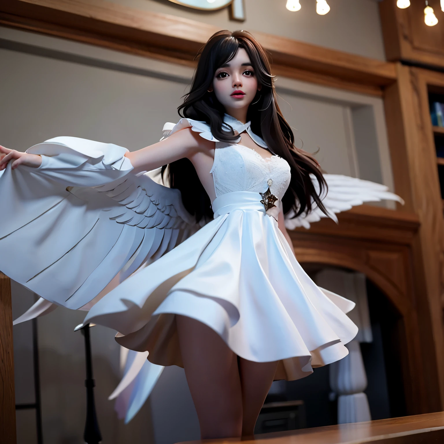 very cute angel、 girl、(Breast size according to age)、standing position、full body shot、white luxury dress、not wearing panties、church、god々new light